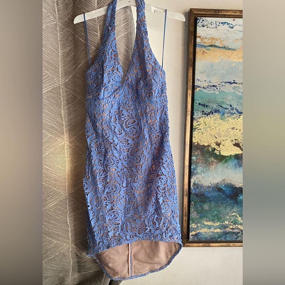 The Jetset Diaries Mini Dress Womens Sz Small Blue Halter Neck Lace Embroidered